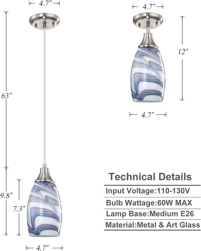 karyfine Mini Art Glass Pendant Lights Kitchen Island Blown Glass Pendant Lighting with Brushed Nickel Finish Adjustable Cord Ceiling Hanging Lamp for Hallway,Dining Room White and Dark Blue-1P - Image 2